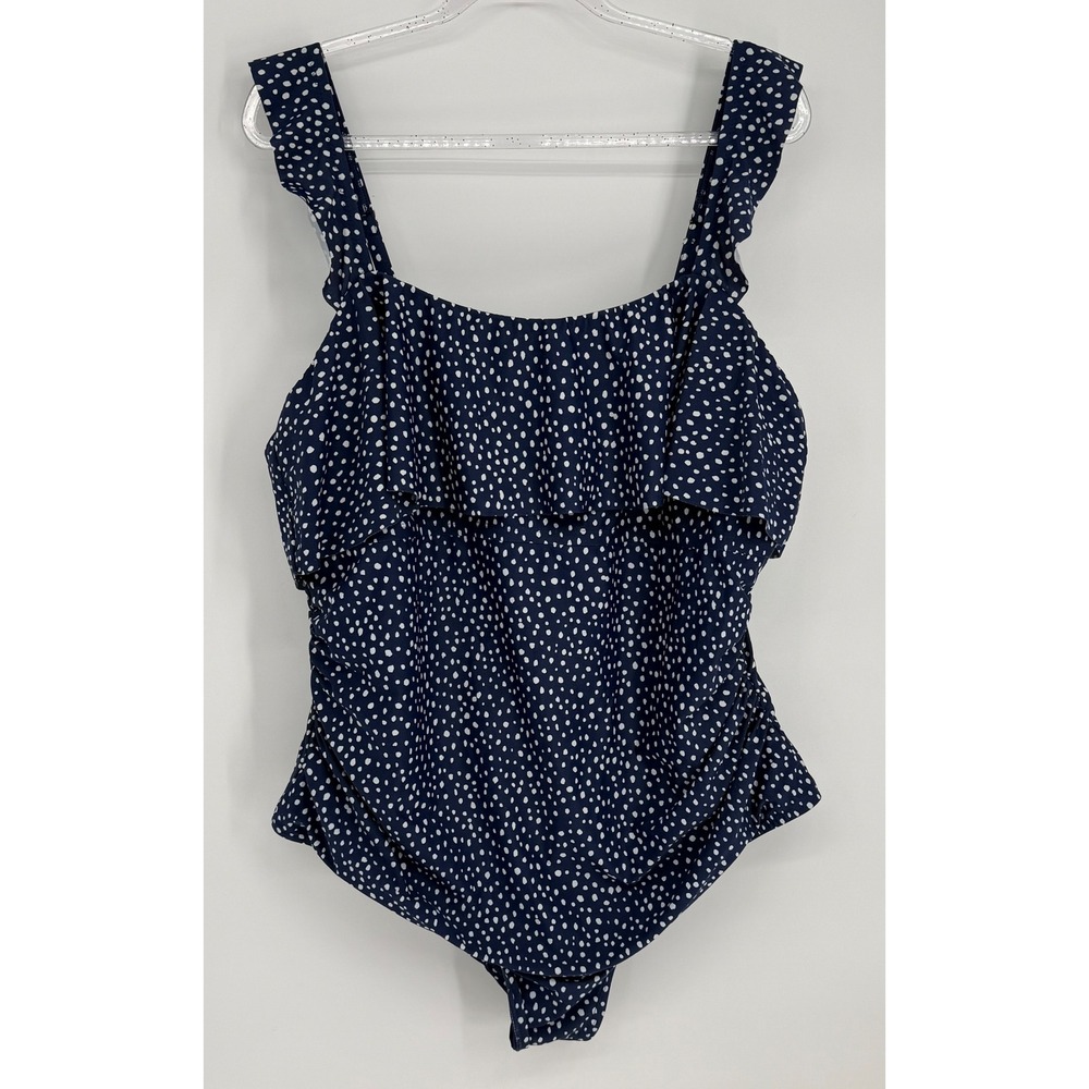 Kona Sol Navy Blue Polka Dot Ruffle One Piece Swimsuit Tummy Control Women Sz 22